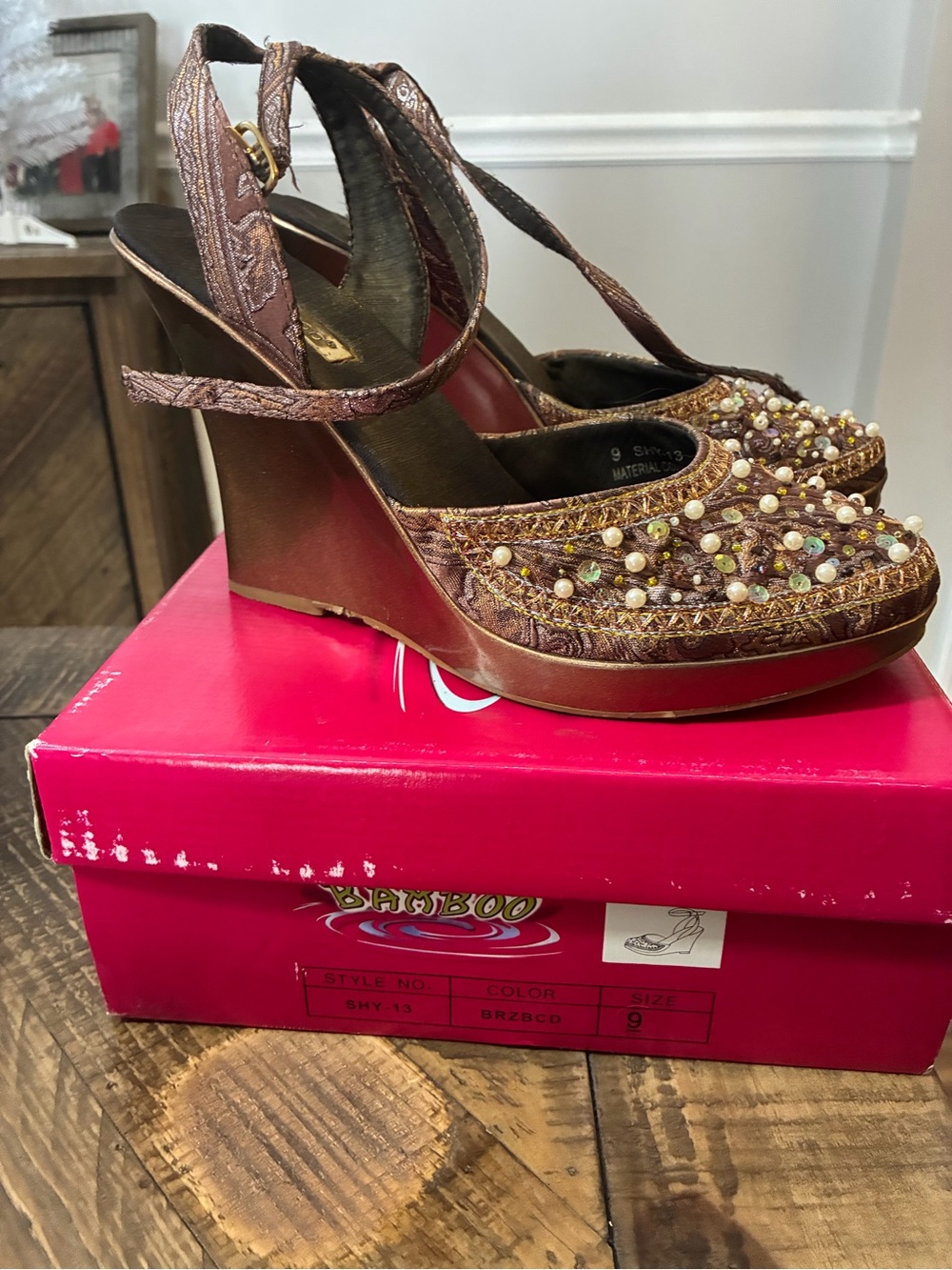 BAMBOO Brown Beaded Embellished Wedge Sandals
